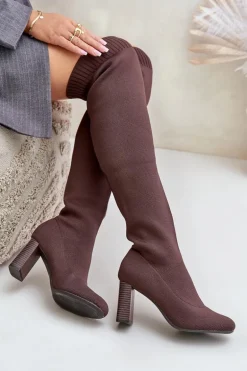 Kozaki Ze Skarpetkową Cholewką Za Kolano Na Słupku Brązowe Esanira