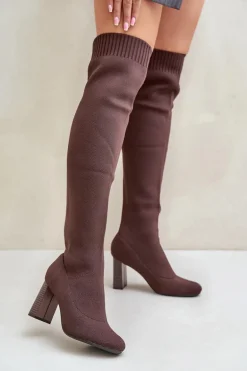 Kozaki Ze Skarpetkową Cholewką Za Kolano Na Słupku Brązowe Esanira