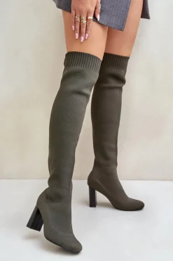 Kozaki Ze Skarpetkową Cholewką Za Kolano Na Słupku Ciemnozielone Esanira