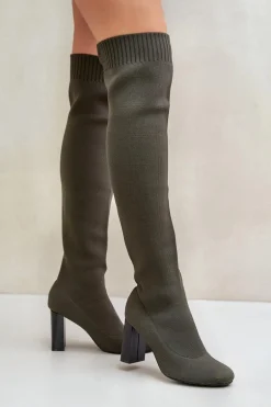 Kozaki Ze Skarpetkową Cholewką Za Kolano Na Słupku Ciemnozielone Esanira