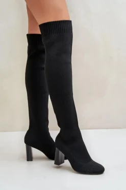 Kozaki Ze Skarpetkową Cholewką Za Kolano Na Słupku Czarne Esanira