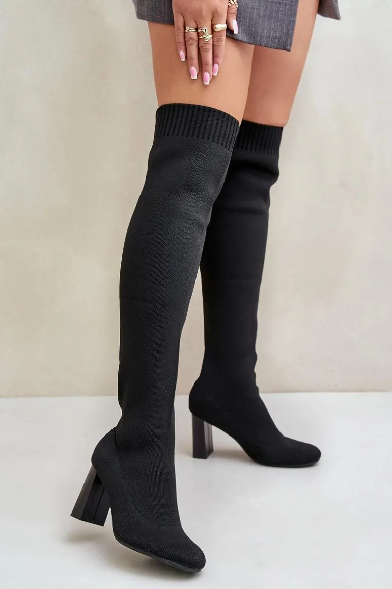 Kozaki Ze Skarpetkową Cholewką Za Kolano Na Słupku Czarne Esanira