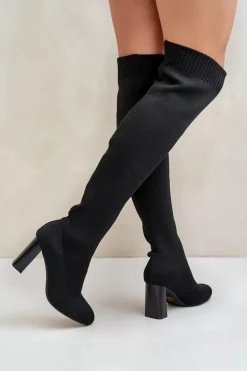 Kozaki Ze Skarpetkową Cholewką Za Kolano Na Słupku Czarne Esanira