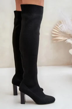 Kozaki Ze Skarpetkową Cholewką Za Kolano Na Słupku Czarne Esanira