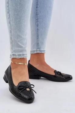 Lakierowane Ażurowe Baleriny Z Kokardką Eko Skórzane Czarne Amepitrea