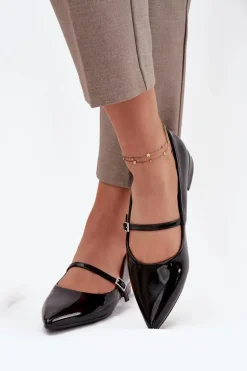Lakierowane Baleriny Na Delikatnym Obcasie Z Paskiem Czarne Isvella