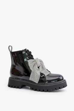 Lakierowane Botki Damskie Z Kokardą Czarne Ocenttia