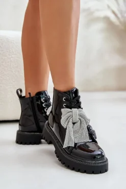 Lakierowane Botki Damskie Z Kokardą Czarne Ocenttia