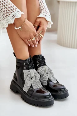 Lakierowane Botki Damskie Z Kokardą Czarne Ocenttia