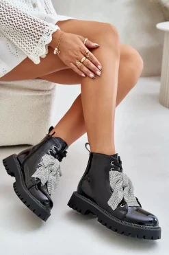 Lakierowane Botki Damskie Z Kokardą Czarne Ocenttia