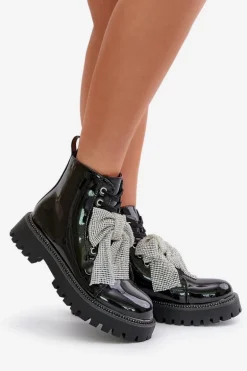 Lakierowane Botki Damskie Z Kokardą Czarne Ocenttia
