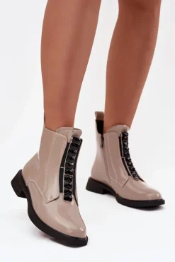 Lakierowane Botki Damskie Z Naturalnej Skóry D&A MR52-108 Beżowe