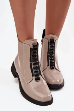 Lakierowane Botki Damskie Z Naturalnej Skóry D&A MR52-108 Beżowe