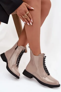 Lakierowane Botki Damskie Z Naturalnej Skóry D&A MR52-108 Beżowe