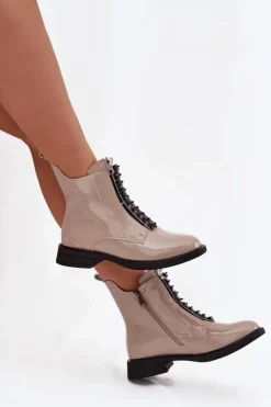 Lakierowane Botki Damskie Z Naturalnej Skóry D&A MR52-108 Beżowe