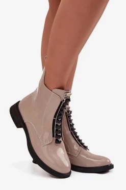 Lakierowane Botki Damskie Z Naturalnej Skóry D&A MR52-108 Beżowe