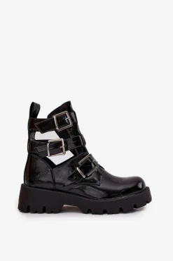 Lakierowane Botki Damskie Z Paskami I Srebrnymi Klamrami Czarne Helisse