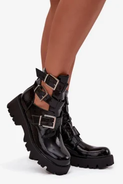 Lakierowane Botki Damskie Z Paskami I Srebrnymi Klamrami Czarne Helisse