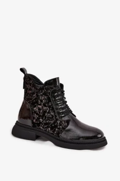 Lakierowane Botki Damskie Ocieplane D&A CR52-613 Czarne