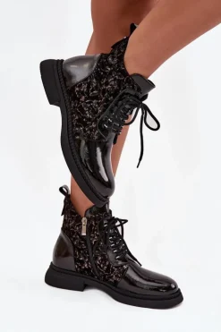 Lakierowane Botki Damskie Ocieplane D&A CR52-613 Czarne