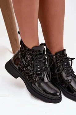 Lakierowane Botki Damskie Ocieplane D&A CR52-613 Czarne