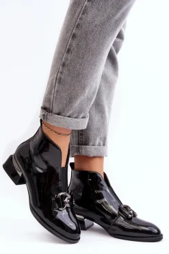 Lakierowane Botki Damskie Na Niskim Obcasie Ocieplane Czarne Loos