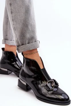 Lakierowane Botki Damskie Na Niskim Obcasie Ocieplane Czarne Loos