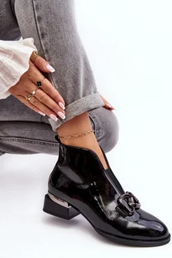 Lakierowane Botki Damskie Na Niskim Obcasie Ocieplane Czarne Loos