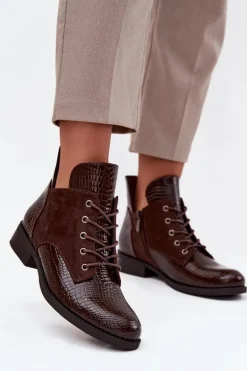 Lakierowane Botki Damskie Z Ozdobnym Tłoczeniem Ocieplane Vinceza 16477 Brązowe