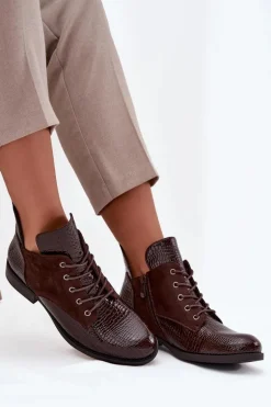 Lakierowane Botki Damskie Z Ozdobnym Tłoczeniem Ocieplane Vinceza 16477 Brązowe