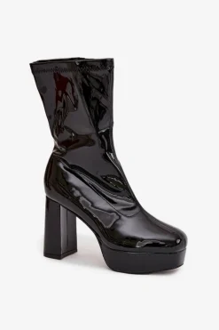Lakierowane Botki Damskie Na Platformie I Słupkowym Obcasie Czarne Calvessa
