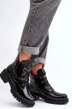 Lakierowane Botki Damskie Na Suwak S.Barski HY93-91 Czarne