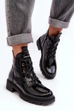 Lakierowane Botki Damskie Na Suwak S.Barski HY93-91 Czarne