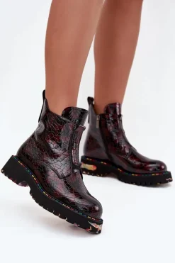 Lakierowane Botki Damskie Z Naturalnej Skóry Ocieplane Artiker 57C0165 Bordowe