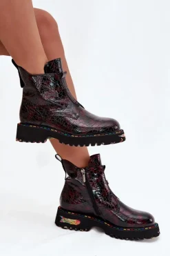 Lakierowane Botki Damskie Z Naturalnej Skóry Ocieplane Artiker 57C0165 Bordowe