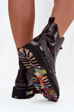 Lakierowane Botki Damskie Z Naturalnej Skóry Ocieplane Artiker 57C0165 Bordowe