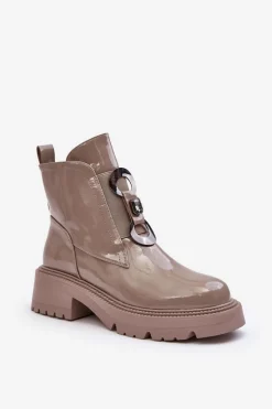 Lakierowane Botki Damskie Z Ozdobą Beżowe S.Barski MR870-53