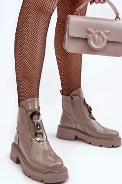 Lakierowane Botki Damskie Z Ozdobą Beżowe S.Barski MR870-53