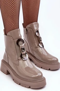 Lakierowane Botki Damskie Z Ozdobą Beżowe S.Barski MR870-53