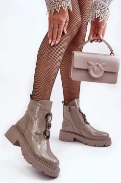 Lakierowane Botki Damskie Z Ozdobą Beżowe S.Barski MR870-53