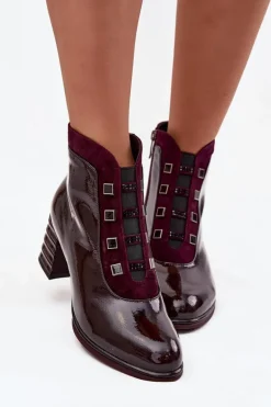 Lakierowane Botki Damskie Z Naturalnej Skóry Na Słupku D&A CR52-696 Bordowe