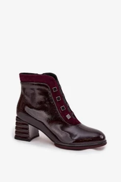 Lakierowane Botki Damskie Z Naturalnej Skóry Na Słupku D&A CR52-696 Bordowe