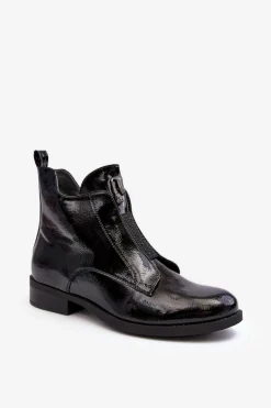 Lakierowane Botki Damskie Na Płaskim Obcasie Ocieplane Czarne S.Barski HY75-120 Czarne