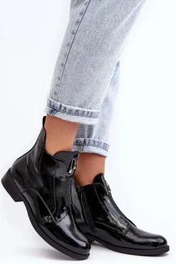 Lakierowane Botki Damskie Na Płaskim Obcasie Ocieplane Czarne S.Barski HY75-120 Czarne