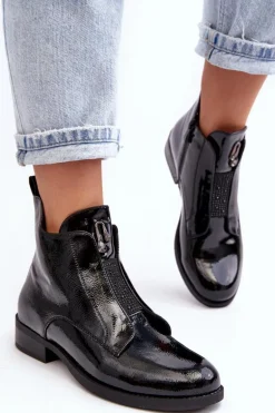 Lakierowane Botki Damskie Na Płaskim Obcasie Ocieplane Czarne S.Barski HY75-120 Czarne