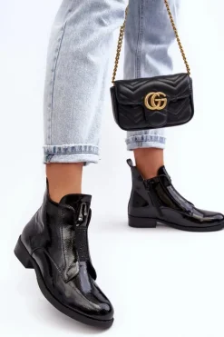 Lakierowane Botki Damskie Na Płaskim Obcasie Ocieplane Czarne S.Barski HY75-120 Czarne