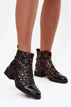 Lakierowane Botki Damskie Z Naturalnej Skóry Na Niskim Obcasie D&A LZ52-960 Czarne