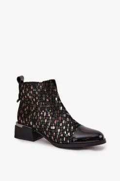 Lakierowane Botki Damskie Z Naturalnej Skóry Na Niskim Obcasie D&A LZ52-960 Czarne