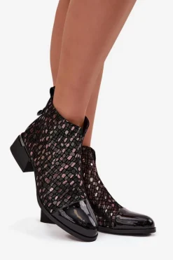 Lakierowane Botki Damskie Z Naturalnej Skóry Na Niskim Obcasie D&A LZ52-960 Czarne