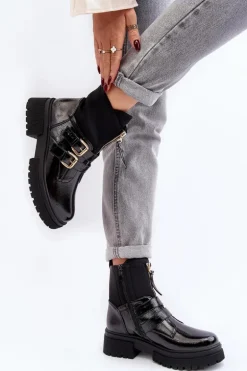 Lakierowane Botki Damskie Na Płaskim Obcasie Czarne Rellisa